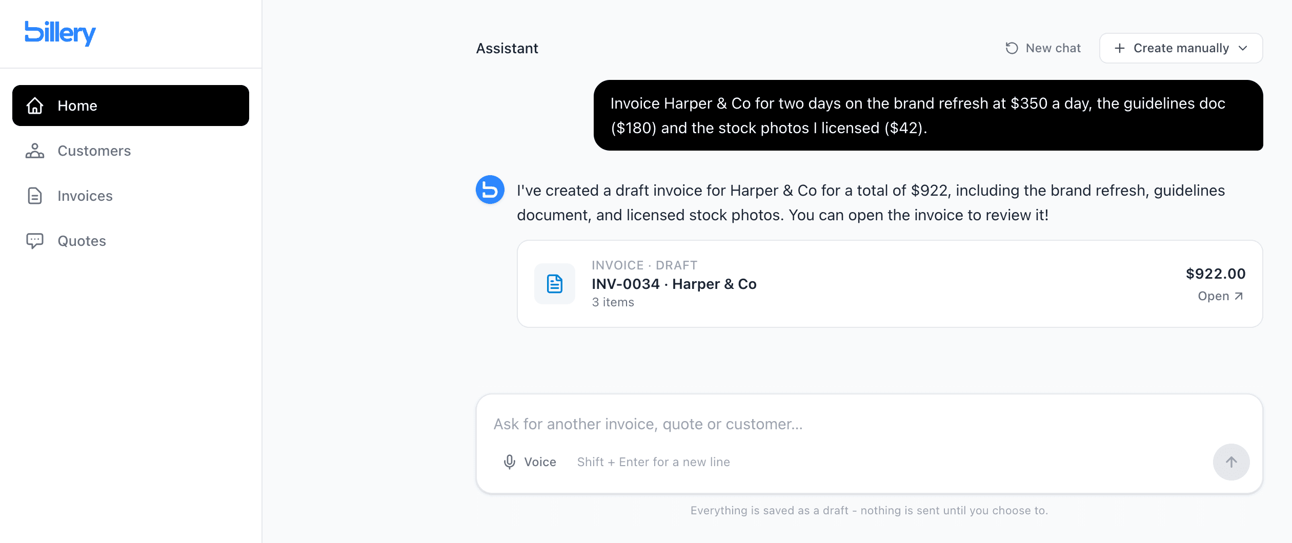The Billery assistant on desktop, drafting an invoice for Harper & Co