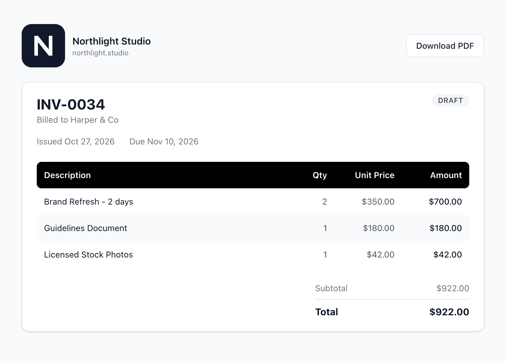 The shared invoice page a customer sees, with Northlight Studio branding